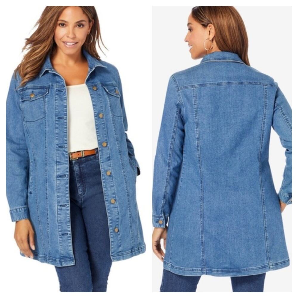Jessica London Denim Jacket Coat 20W Blue Button Front Long Utility Casual